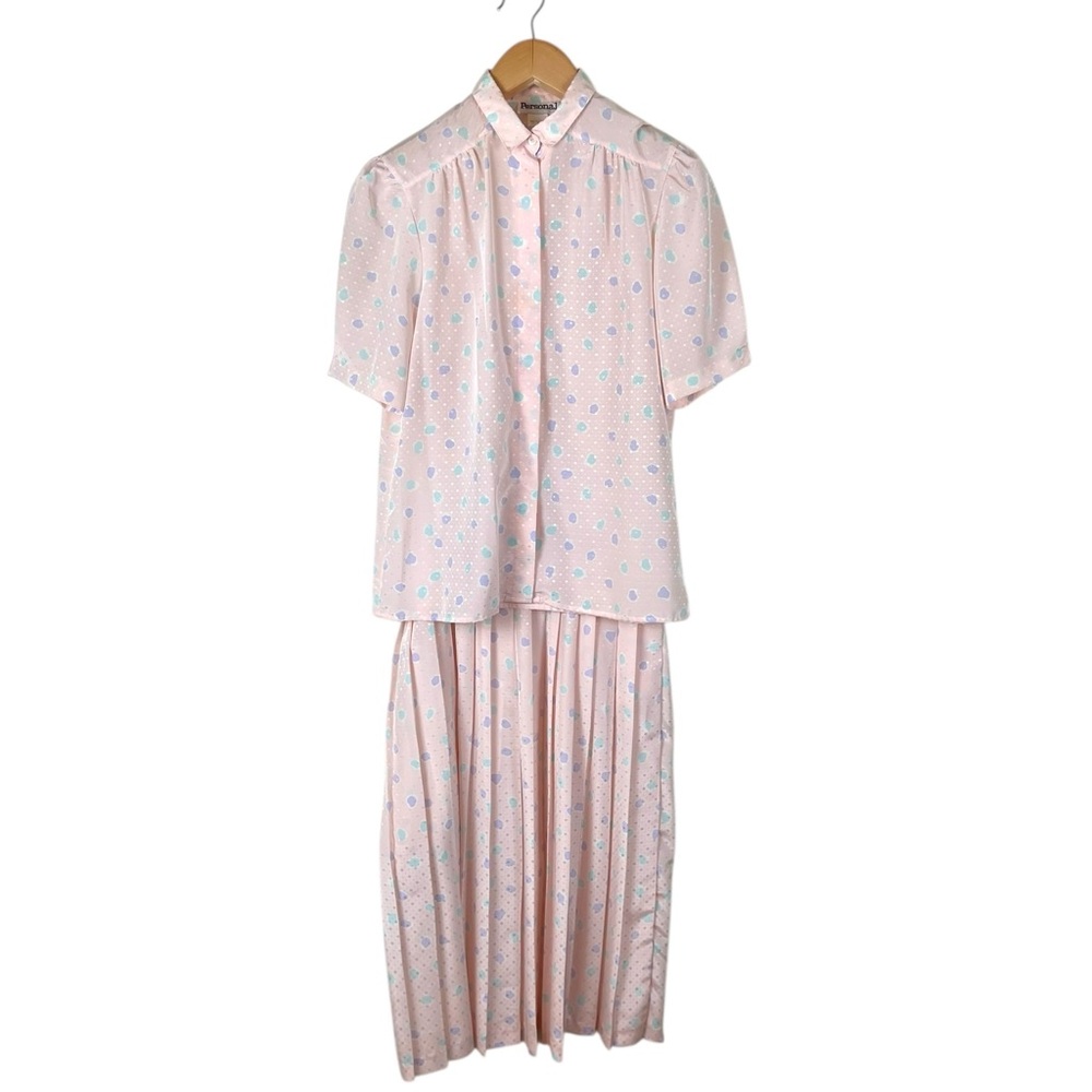 Vintage Personal Women’s 12/14 Pastel Pink Blouse & Skirt Set Kawaii Polka Dots